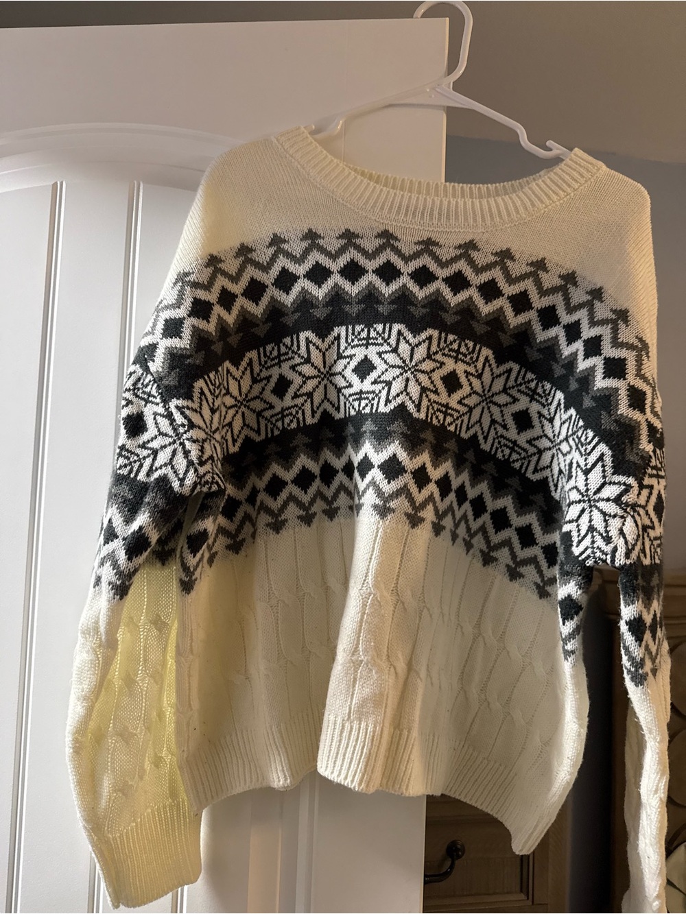 Lane Bryant Cream and Black Nordic Cable-Knit Crew Sweater
